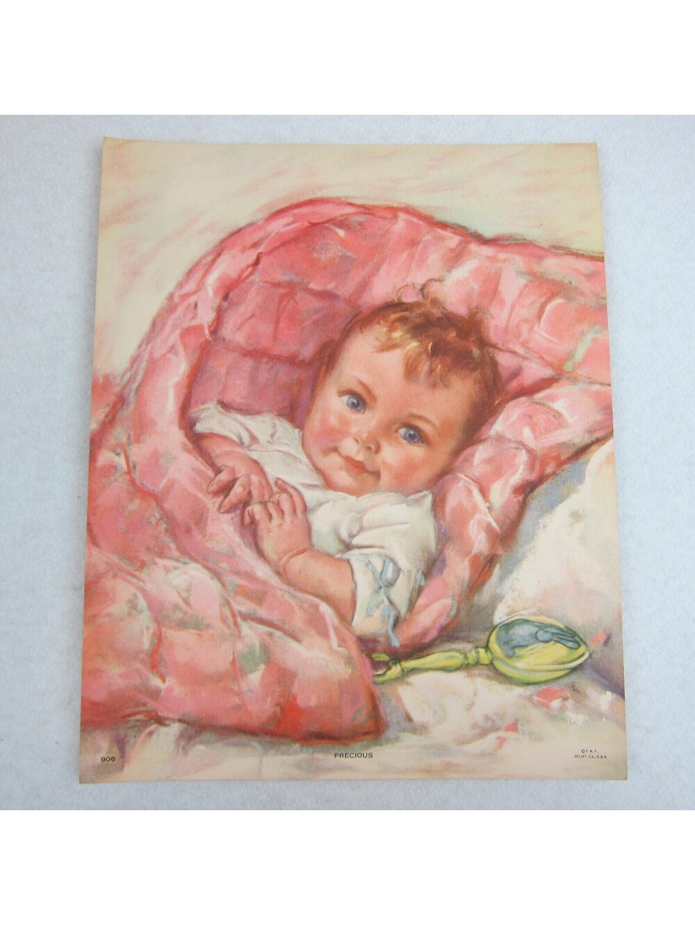 Vintage 1930s Baby Art Calendar Print Pink Blanket Yellow Rattle Toy Nursery Art